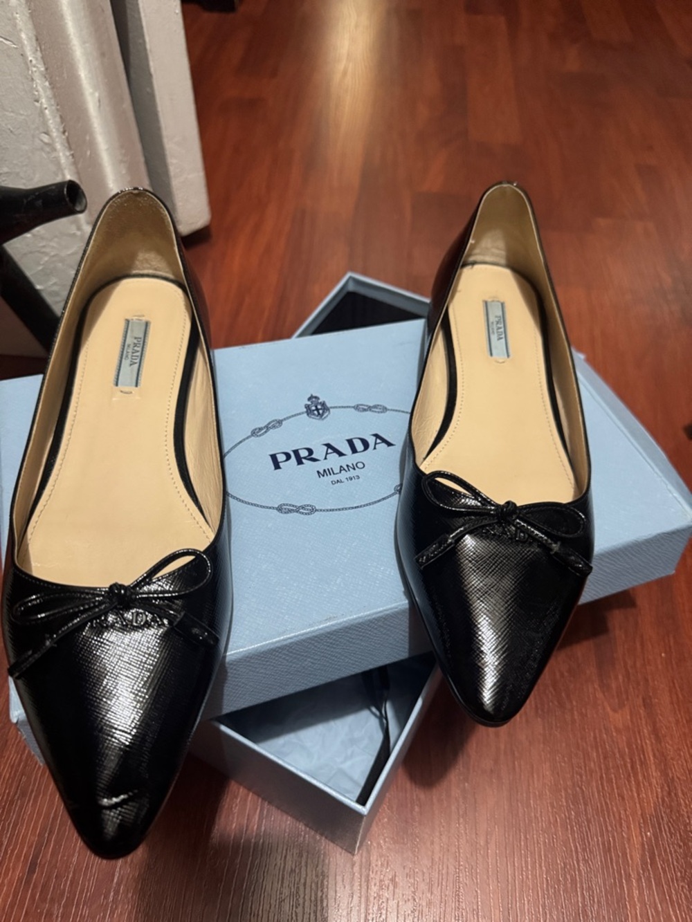 Prada Black Pointed-Toe Patent Leather Ballet Flats with Bow Trim